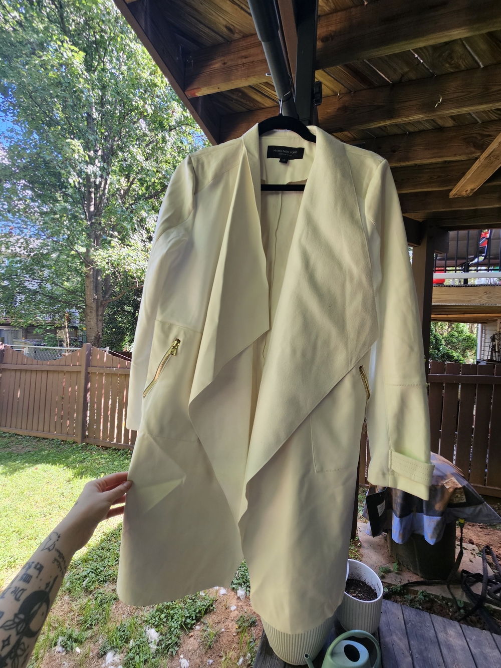 Marc New York White Draped Open-Front Blazer with Gold Zipper Accents